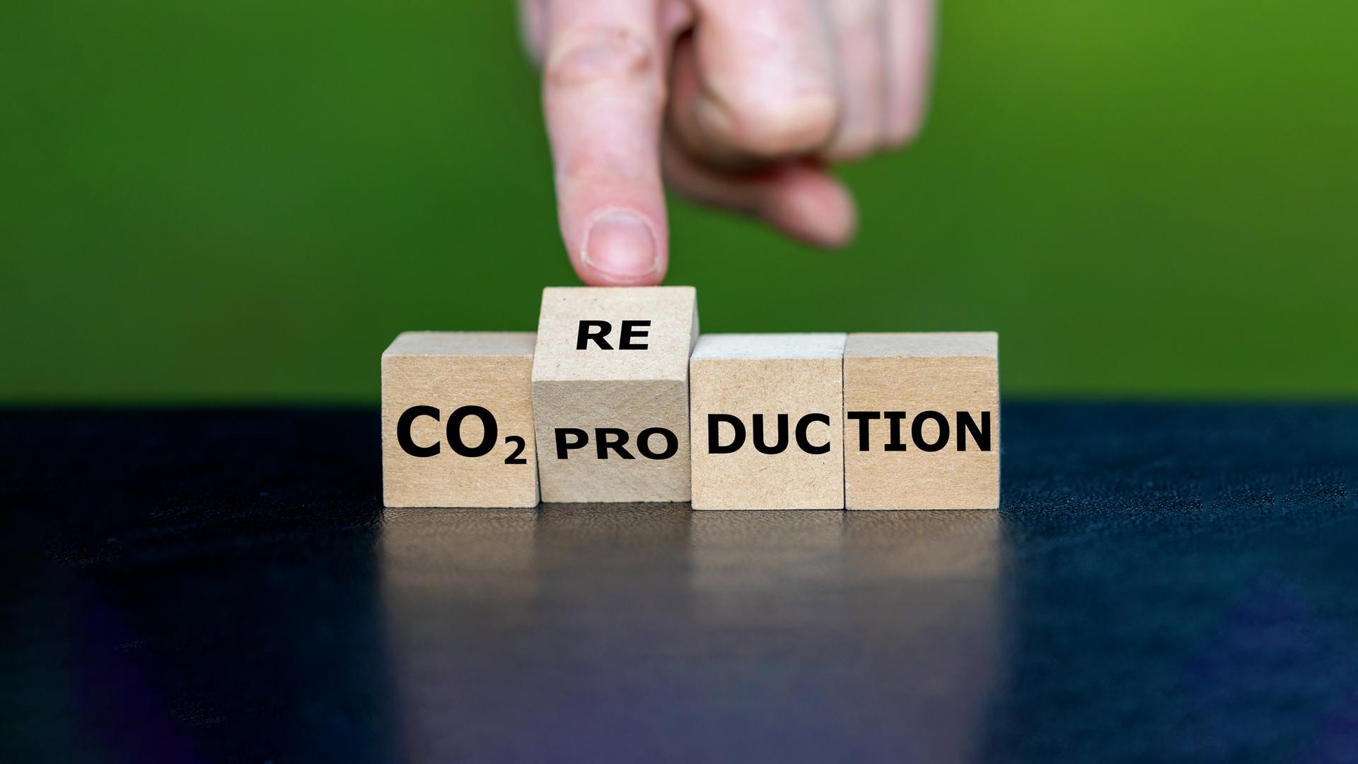 CO2-Zertifikate helfen der EU bei der Klimaneutralität, doch nur 16 % wirken. Ein brasilianisches Aufforstungsprojekt nutzt diese für den Klimaschutz. Bild zeigt Würfel mit Aufschrift CO2-Reduktion / Produktion