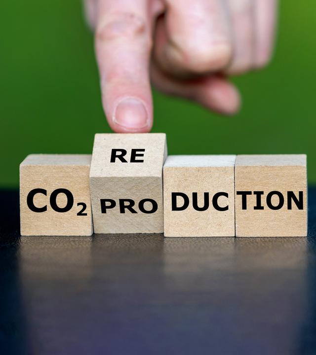 CO2-Zertifikate helfen der EU bei der Klimaneutralität, doch nur 16 % wirken. Ein brasilianisches Aufforstungsprojekt nutzt diese für den Klimaschutz. Bild zeigt Würfel mit Aufschrift CO2-Reduktion / Produktion