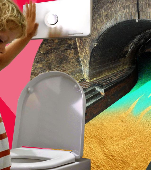 Abwasser birgt wertvolle Ressourcen für die Energiewende und Nachhaltigkeit. Im Bild ist ein Kind vor einer Toilette zu sehen, mit dem Eingang zu einem Abwasserkanal im Hintergrund.