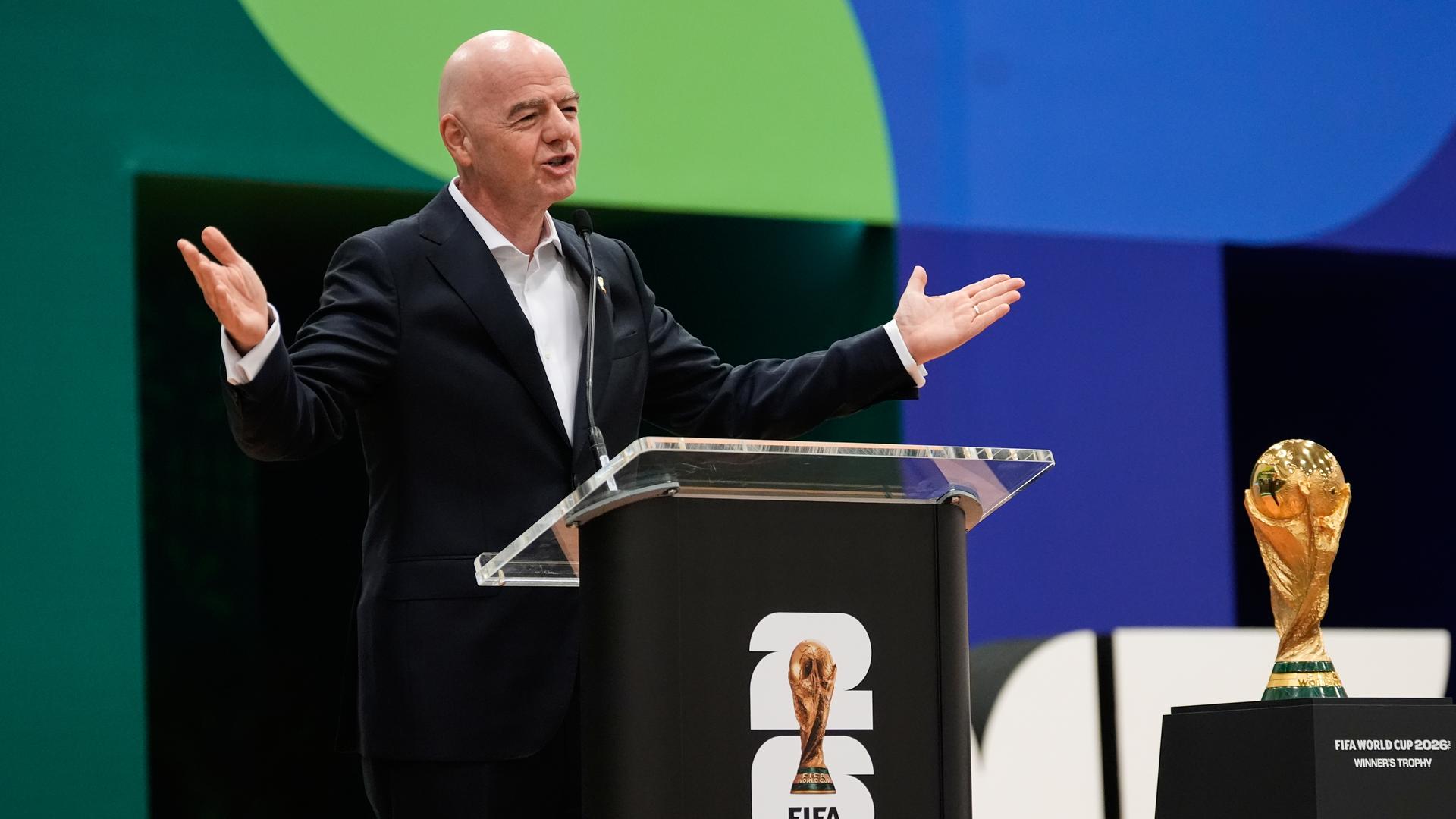 FIFA President Gianni Infantino makes comments during the opening ceremony of the International Broadcast Center Monday, June 1, 2026, in Dallas. (AP Photo/Tony Gutierrez)
