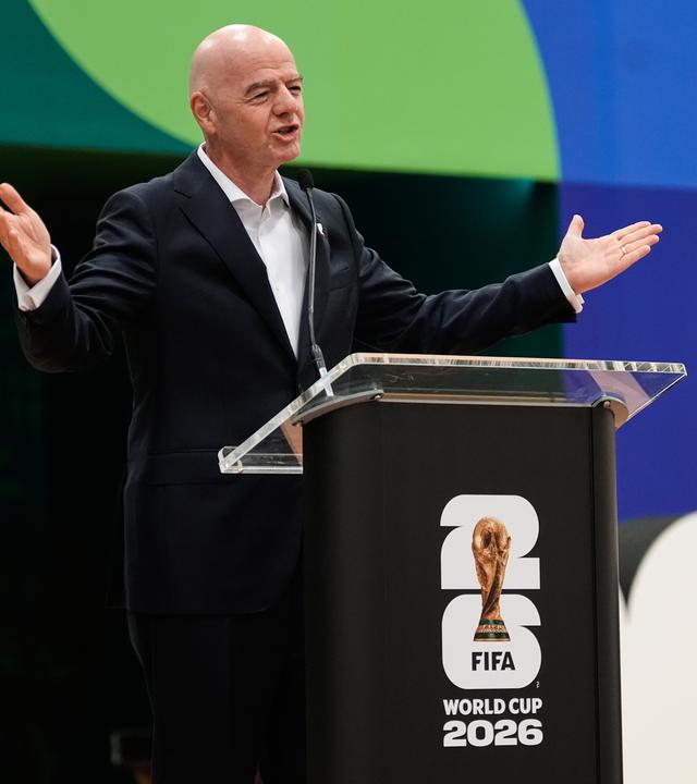 FIFA President Gianni Infantino makes comments during the opening ceremony of the International Broadcast Center Monday, June 1, 2026, in Dallas. (AP Photo/Tony Gutierrez)