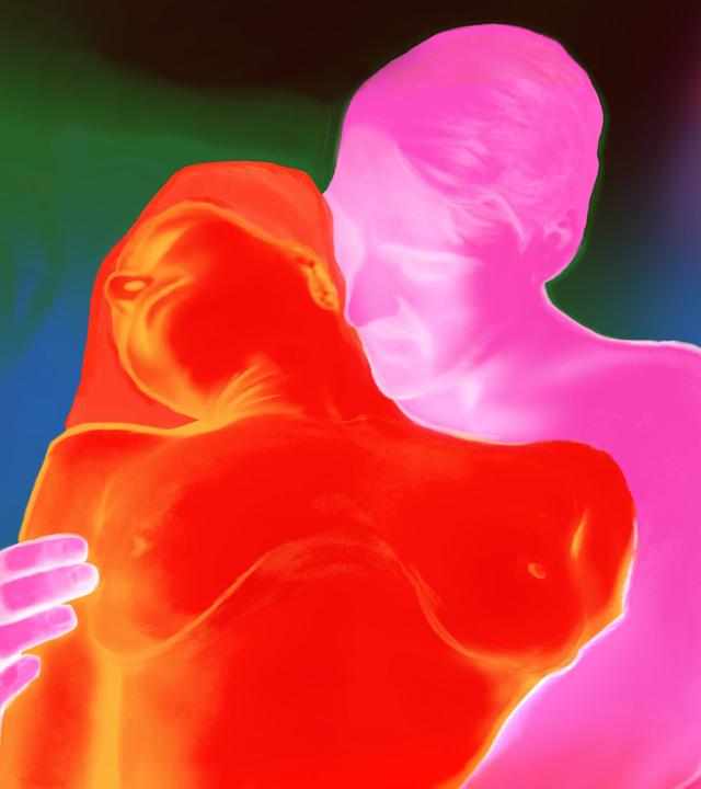 Wie entwickelt sich der Verlauf unserer Intimität im zunehmenden Alter? Sex mit 40 plus – Freiheitsbooster oder Lustkiller? Bild: Eine männliche Figur umarmt eine Frau von hinten.