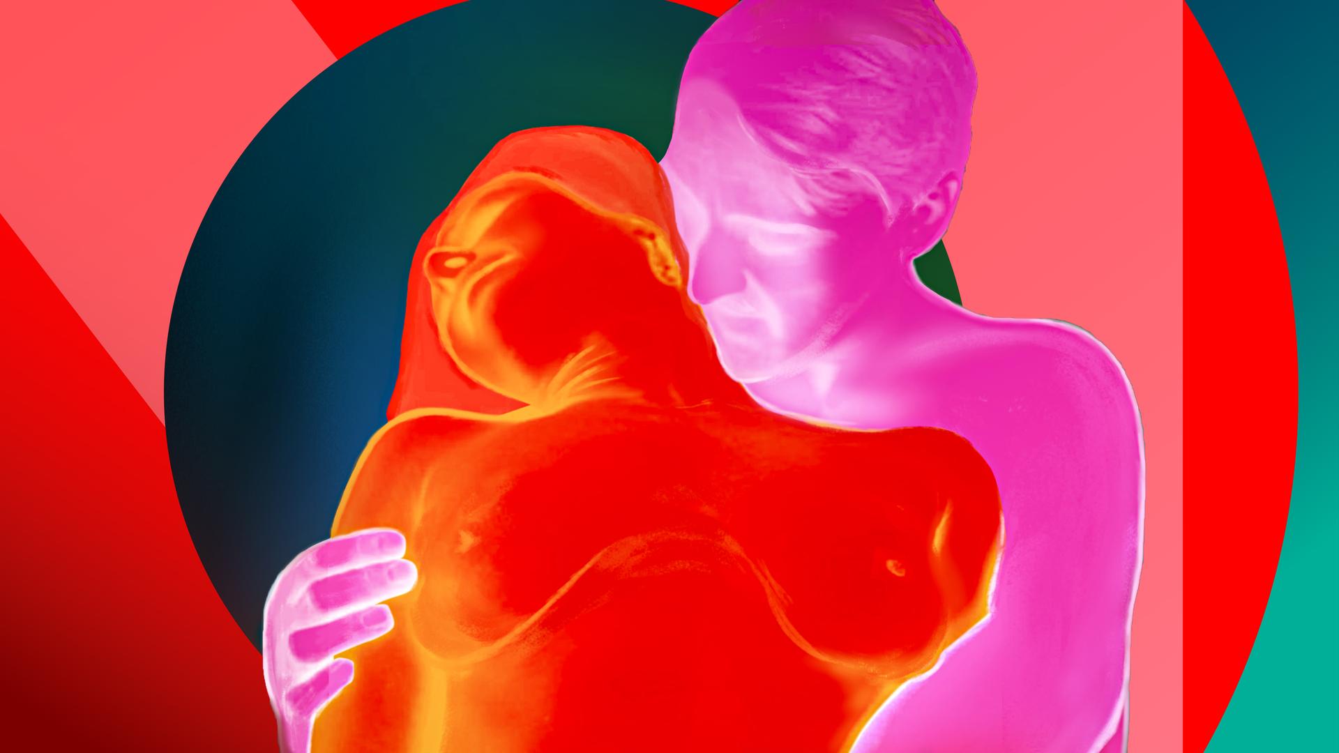 Wie entwickelt sich der Verlauf unserer Intimität im zunehmenden Alter? Sex mit 40 plus – Freiheitsbooster oder Lustkiller? Bild: Eine männliche Figur  - pink eingefärbt- umarmt eine rot eingefärbte Frau