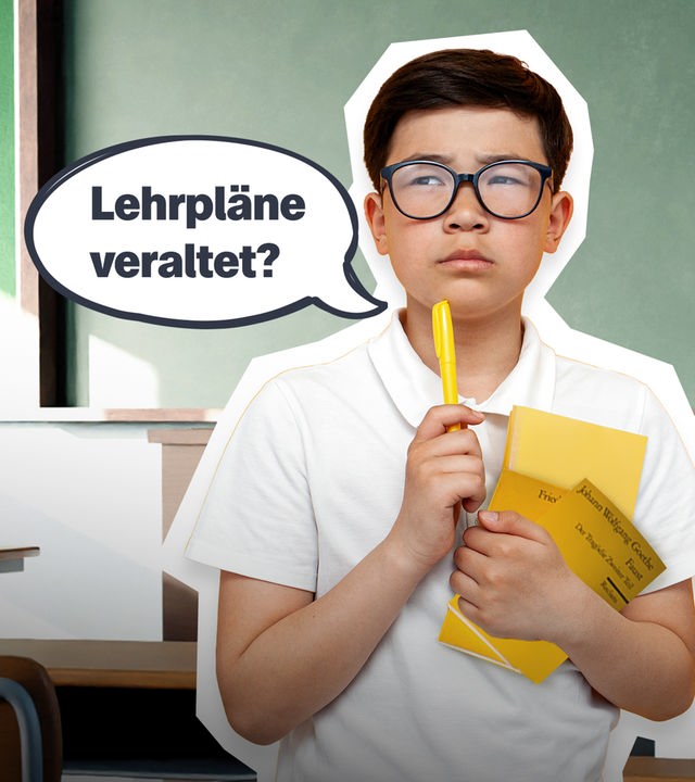Schüler vor der Tafel; Sprechblase: "Lehrpläne veraltet"