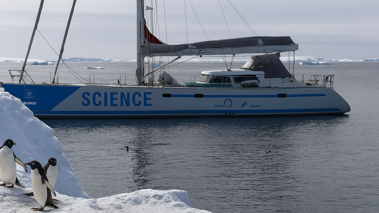 Forscher segeln in die Antarktis, um Pinguine, Klima und Plastik zu erforschen. (Bild zeigt Pinguine im Eis, neben ihnen steht Simeon Lisovski mit gelber Jacke)
