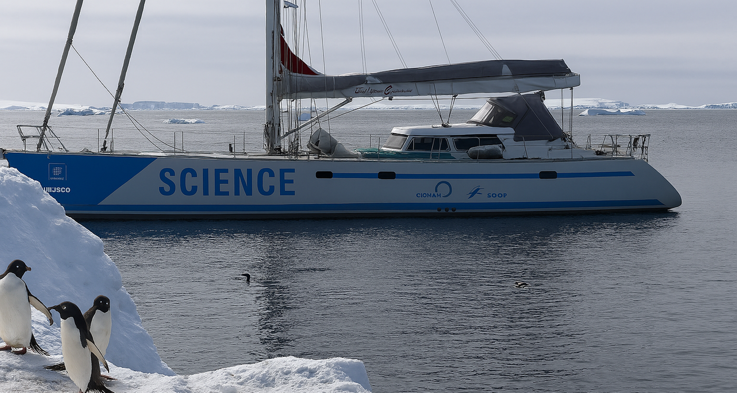 Forscher segeln in die Antarktis, um Pinguine, Klima und Plastik zu erforschen. (Bild zeigt Pinguine im Eis, neben ihnen steht Simeon Lisovski mit gelber Jacke)