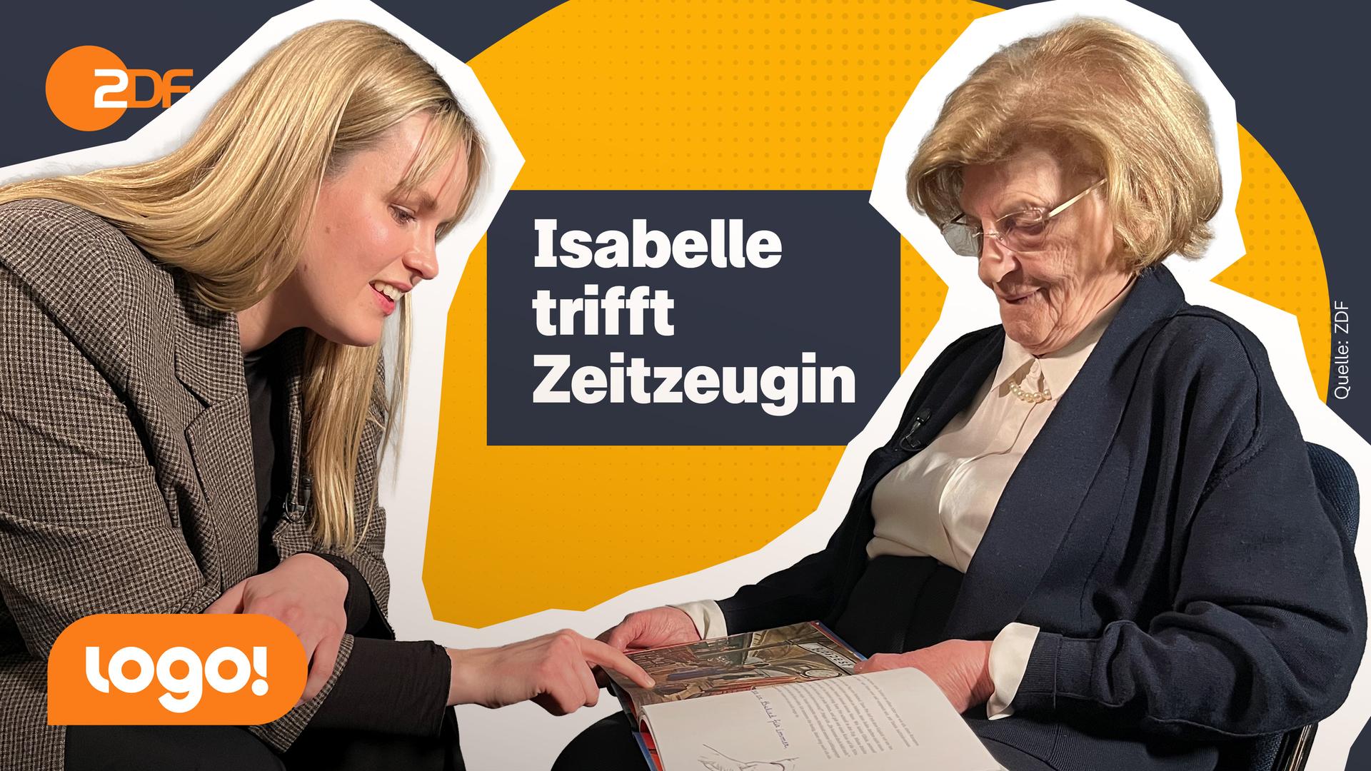 Reporterin Isabelle sitzt Zeitzeugin Eva Szepesi gegenüber, schauen gemeinsam in ein Buch