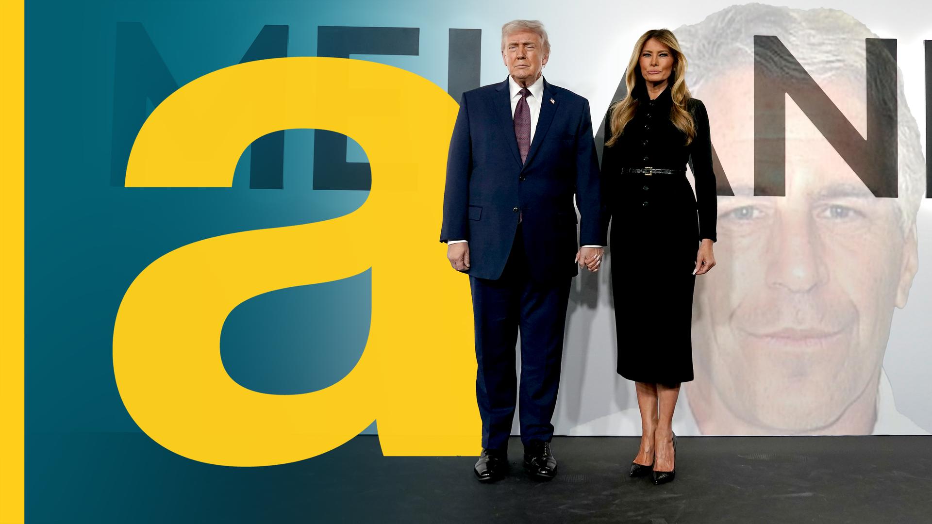 Fotomontage: US-Präsident Donald Trump und First Lady Melania Trump stehen bei der Premiere von Melania Trumps Film "Melania" vor einer weißen Wand mit dem Filmtitel im Hintergrund. Ins Weiß ist ein Foto von Jeffrey Epstein montiert.