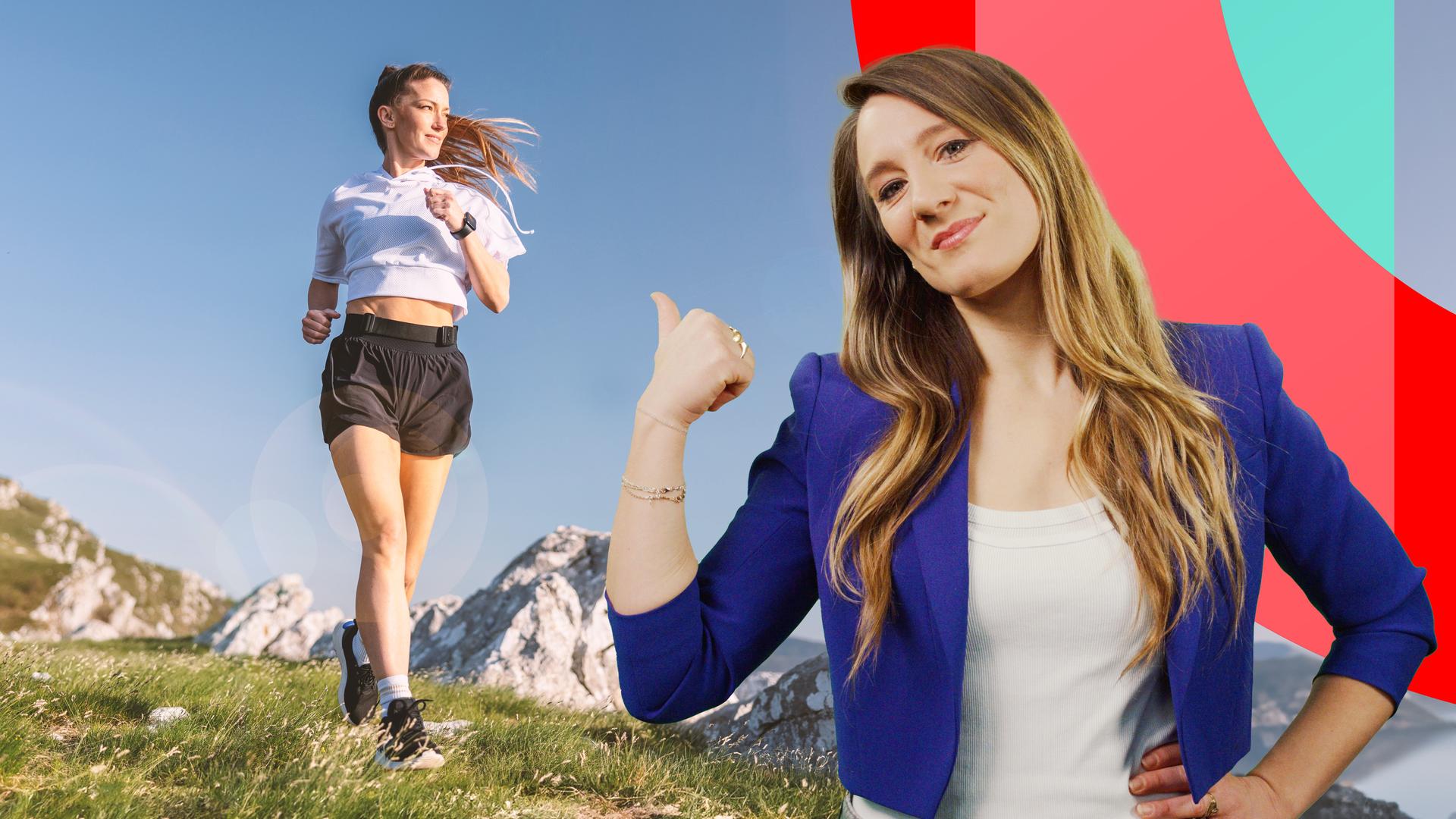 Entdecke mit Jasmina Neudecker, wie Myokine das Immunsystem stärken und ein Ganzkörperscanner Hautkrebs erkennt. (Auf dem Bild rechts ist Jasmina Neudecker zu sehen, auf anderen Seite ein Boxhandschuh)