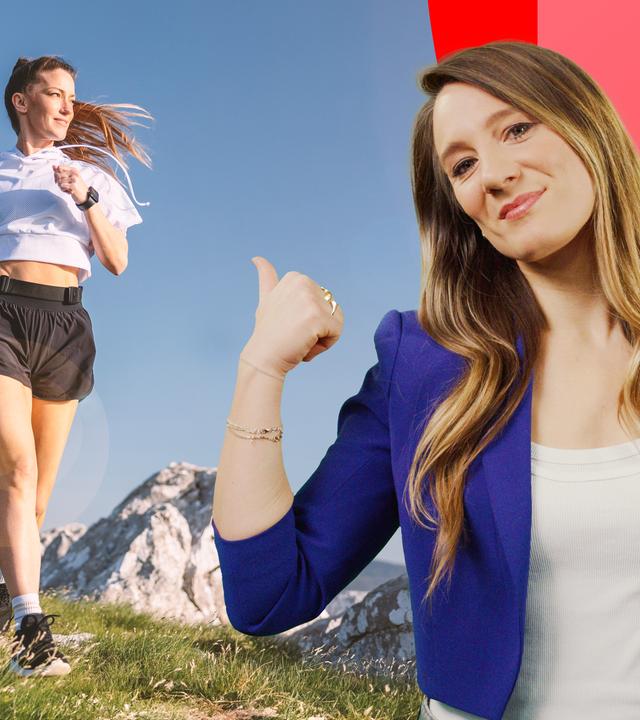 Entdecke mit Jasmina Neudecker, wie Myokine das Immunsystem stärken und ein Ganzkörperscanner Hautkrebs erkennt. (Auf dem Bild rechts ist Jasmina Neudecker zu sehen, auf anderen Seite ein Boxhandschuh)