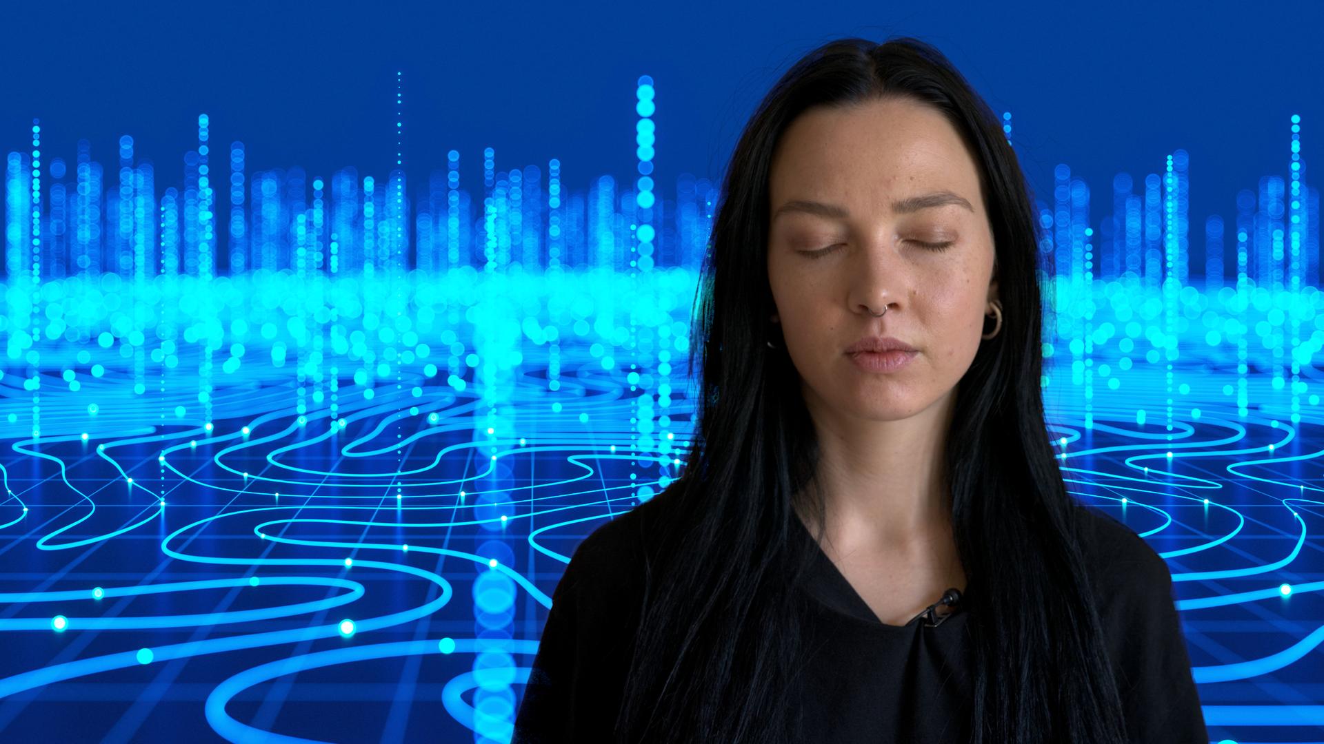 "37 Grad Leben: Ki und Therape": Ki generierter Hintergund, im Vordergrund eine junge Frau