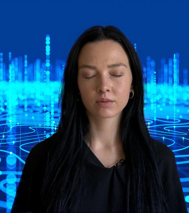 "37 Grad Leben: Ki und Therape": Ki generierter Hintergund, im Vordergrund eine junge Frau