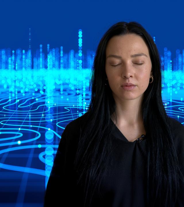 "37 Grad Leben: Ki und Therape": Ki generierter Hintergund, im Vordergrund eine junge Frau