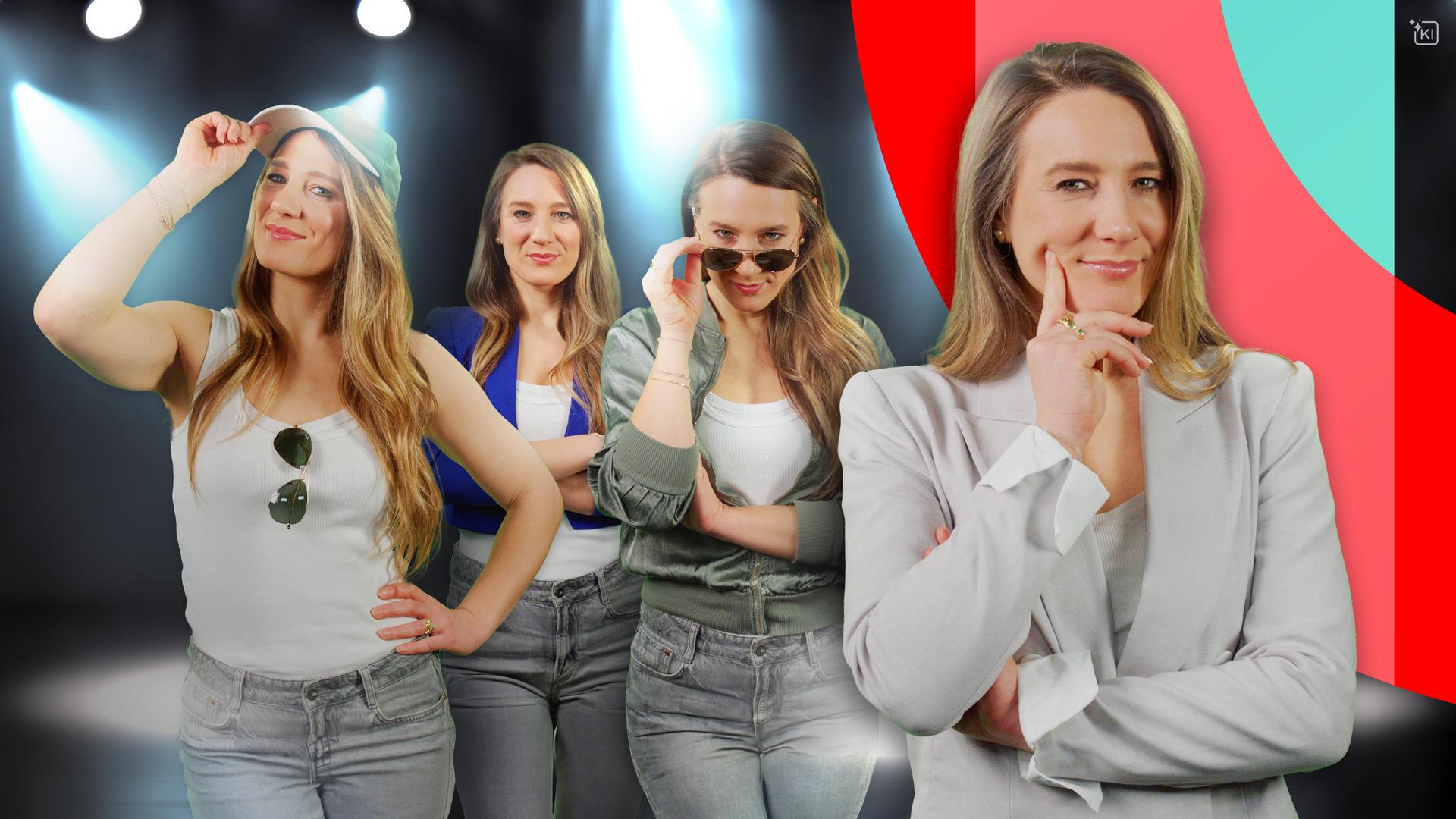 Jasmina Neudecker ( in Bild mehrfach hintereinander, in verschiedenene Posen) entschlüsselt das Rätsel Charisma: Wirkung maximieren & Manipulation stoppen
