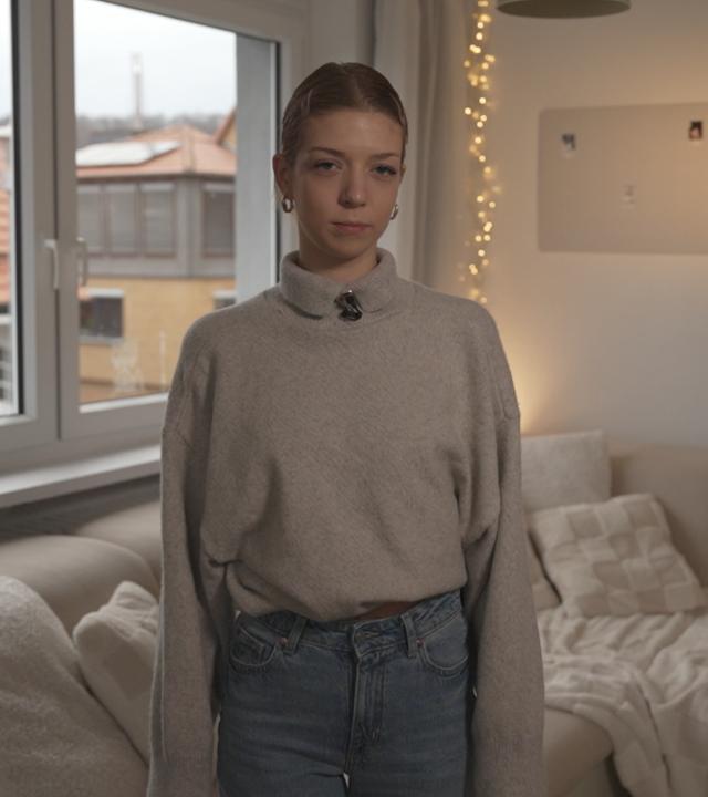 "37°Leben: Gefangen im Kopf: Leben mit Zwangsstörung": Phoebe steht in ihrem Wohnzimmer und blickt in die Kamera.