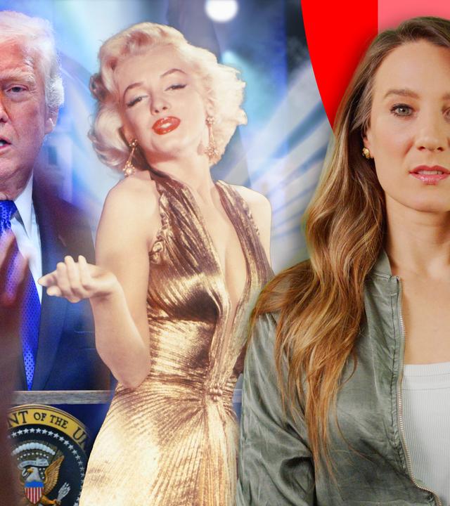 "Superkraft Charisma": Moderatorin Jasmina Neudecker im Vordergrund, dahinter Donald Trump und Marilyn Monroe