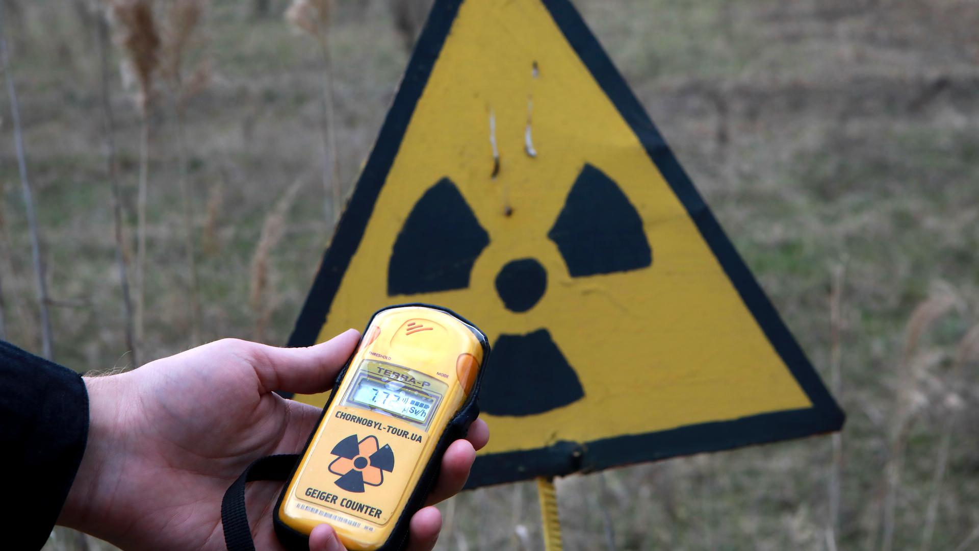Unsichtbare Gefahr: Messung der Strahlung mit einem Geigerzähler am Roten Wald nahe Tschernobyl, 40 Jahre nach dem GAU.