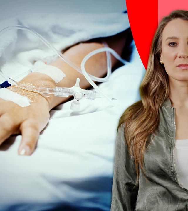 Jasmina Neudecker im Vordergrund, hinter ihr eine Hand mit Infusionsschlauch im Krankenhaus