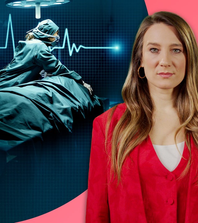 Jasmina Neudecker im Vordergrund, im Hintergrund eine Ärztin im OP sowie eine EKG-Linie