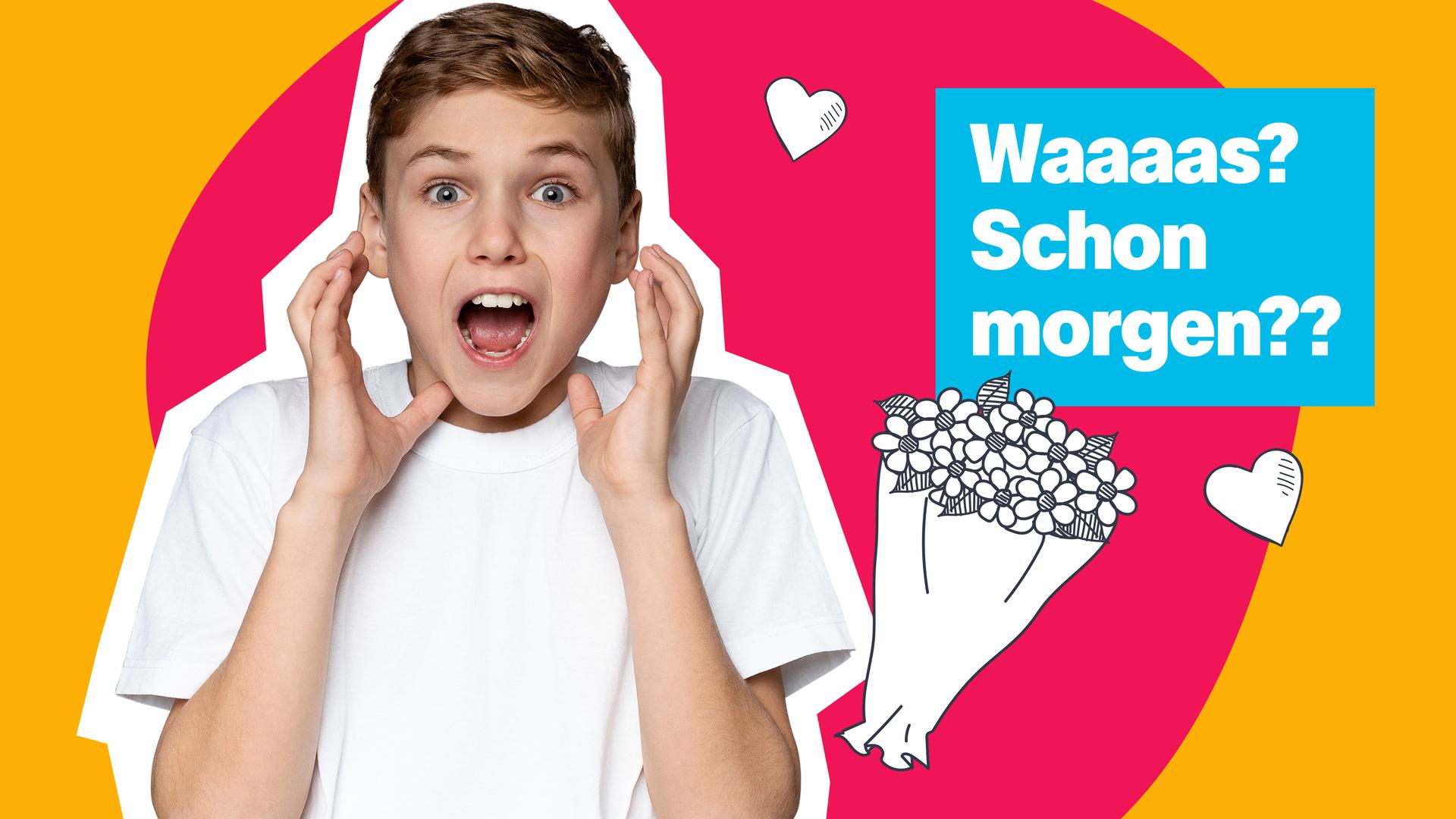 Junge schreit entsetzt; Bildbeschriftung: Waaas? Morgen schon?!