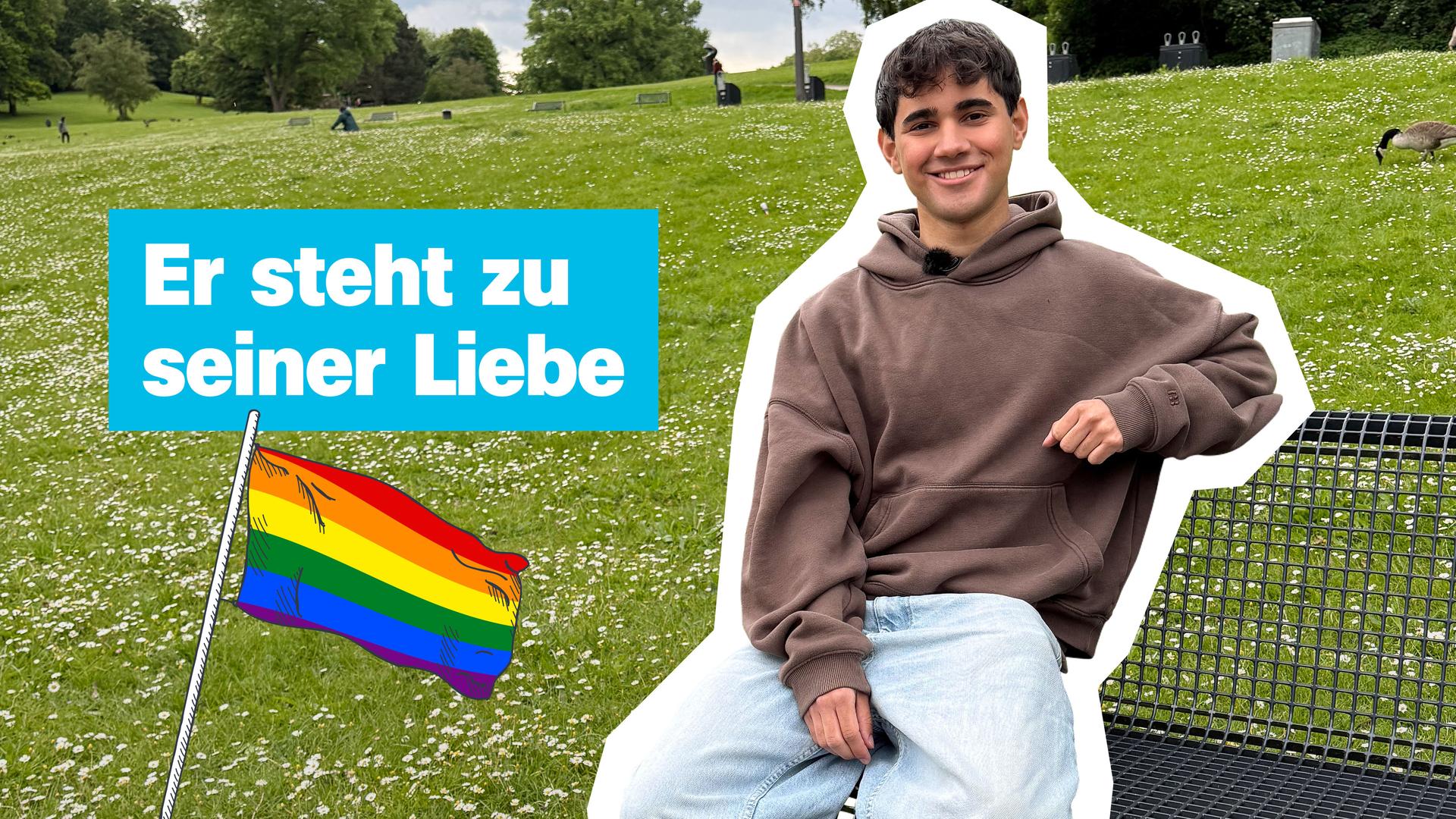 Dominik sitzt auf einer Parkbank; Er steht zu seiner Liebe; Regenbogenflagge