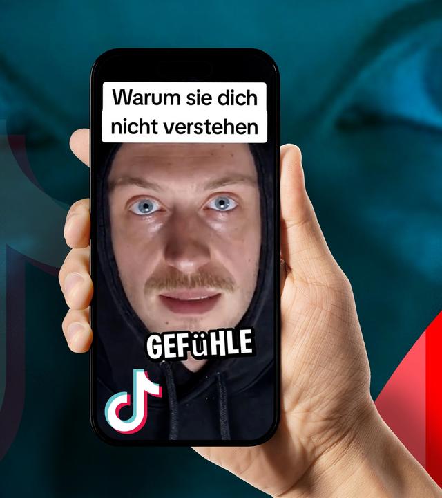 "Männlichkeit auf Abwegen": ein Bild von einem jungen Mann (Influencer), der in einem TikTok Video auf einem Handy zu sehen ist mit der Schrift: Warum sie dich nicht verstehen und dem Schlagwort Gefühle. Das Handy wird von einer Männerhand gehalten. Im Hintergrund etwas unscharf sind die Augen des Mannes zu sehen.