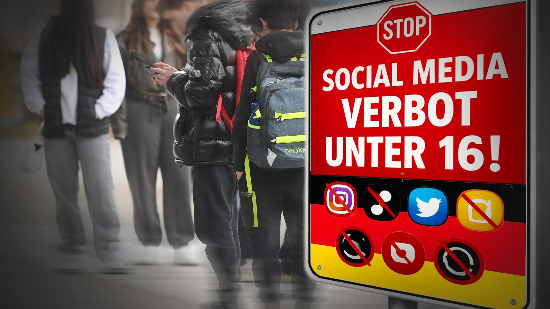 Unter 16 offline: Europa startet den digitalen Shutdown und schiebt Jugendliche aus Insta, TikTok und Co. ( Auf dem Bild zu sehen: Verschwomme JUgenliche im Hintergrund. Recht vorne ein Schild mit Aufschrift: Social Media Verbot unter 16 !)