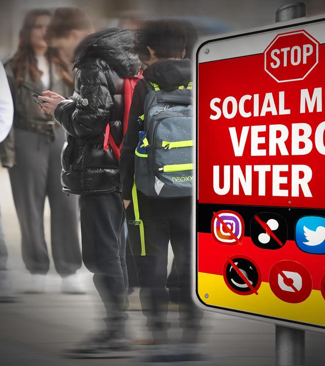 Unter 16 offline: Europa startet den digitalen Shutdown und schiebt Jugendliche aus Insta, TikTok und Co. ( Auf dem Bild zu sehen: Verschwomme JUgenliche im Hintergrund. Recht vorne ein Schild mit Aufschrift: Social Media Verbot unter 16 !)