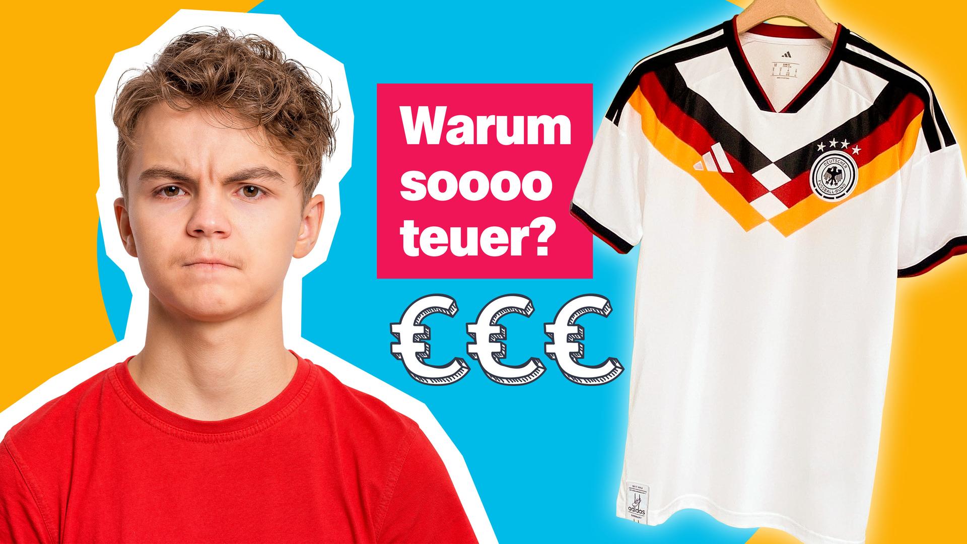 "Warum soooo teuer?"; Ein wütendes Kind neben dem aktuellen Fußball-WM Trikot, darunter drei Eurozeichen.