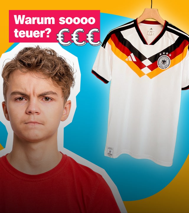 "Warum soooo teuer?"; Ein wütendes Kind neben dem aktuellen Fußball-WM Trikot, darunter drei Eurozeichen.