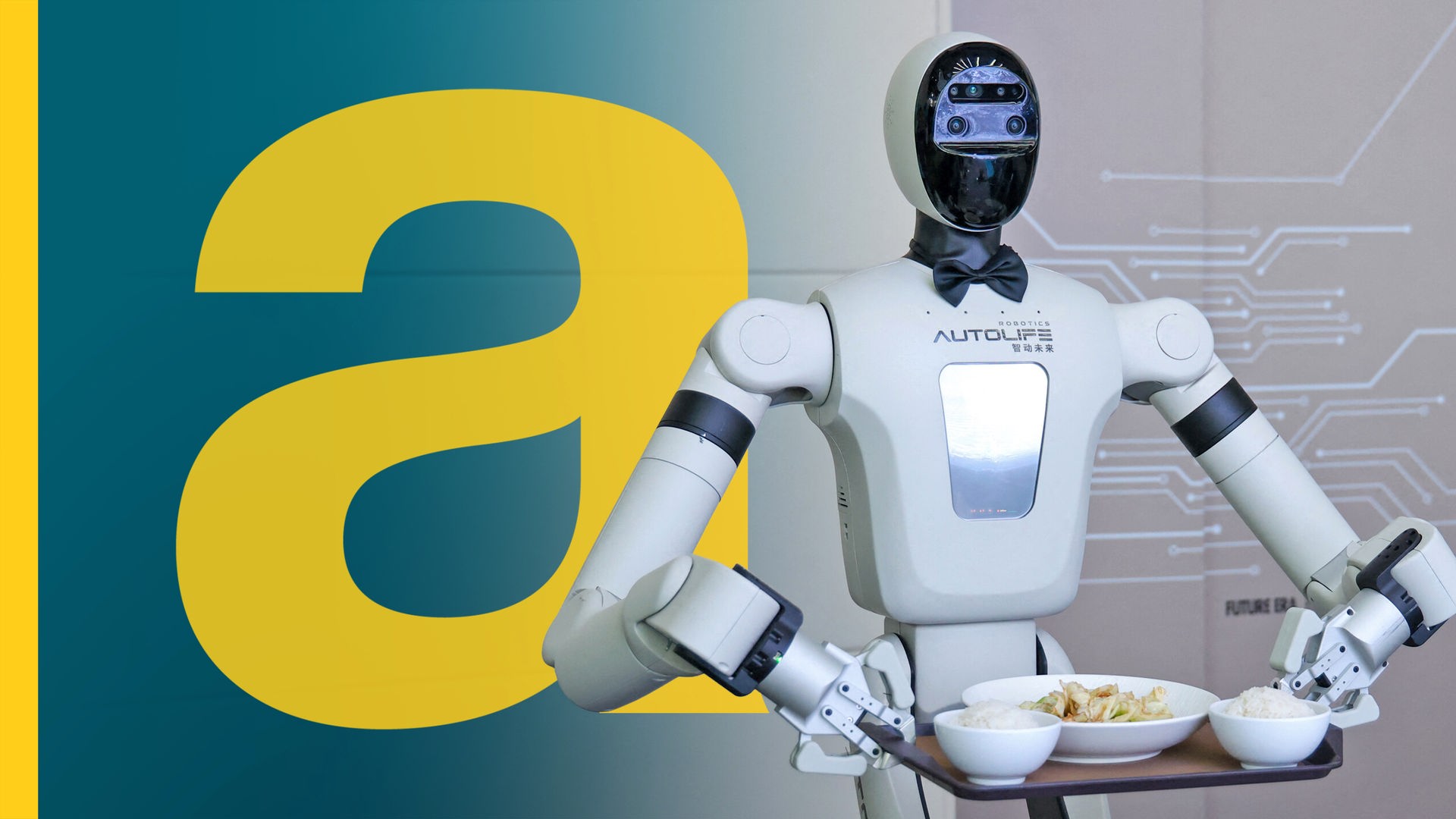 Ein humanoider Roboter trägt ein Essenstablett.