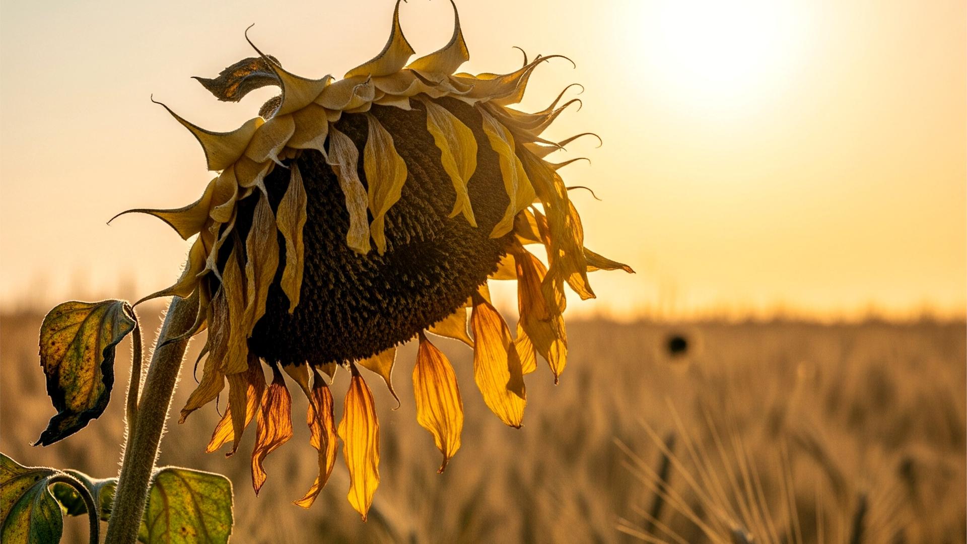 Natur und Mensch im Hitzestress. Forschende zeigen: Die aktuelle Wetterlage gab es schon früher. Die Temperaturen sind heute jedoch deutlich höher. (Bild: Verdörrende Sonnenblume unter sengender Hitze)