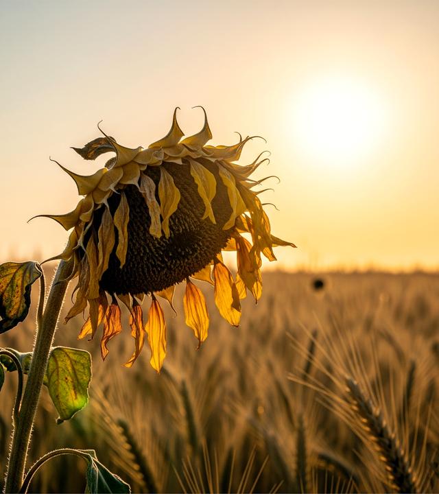 Natur und Mensch im Hitzestress. Forschende zeigen: Die aktuelle Wetterlage gab es schon früher. Die Temperaturen sind heute jedoch deutlich höher. (Bild: Verdörrende Sonnenblume unter sengender Hitze)
