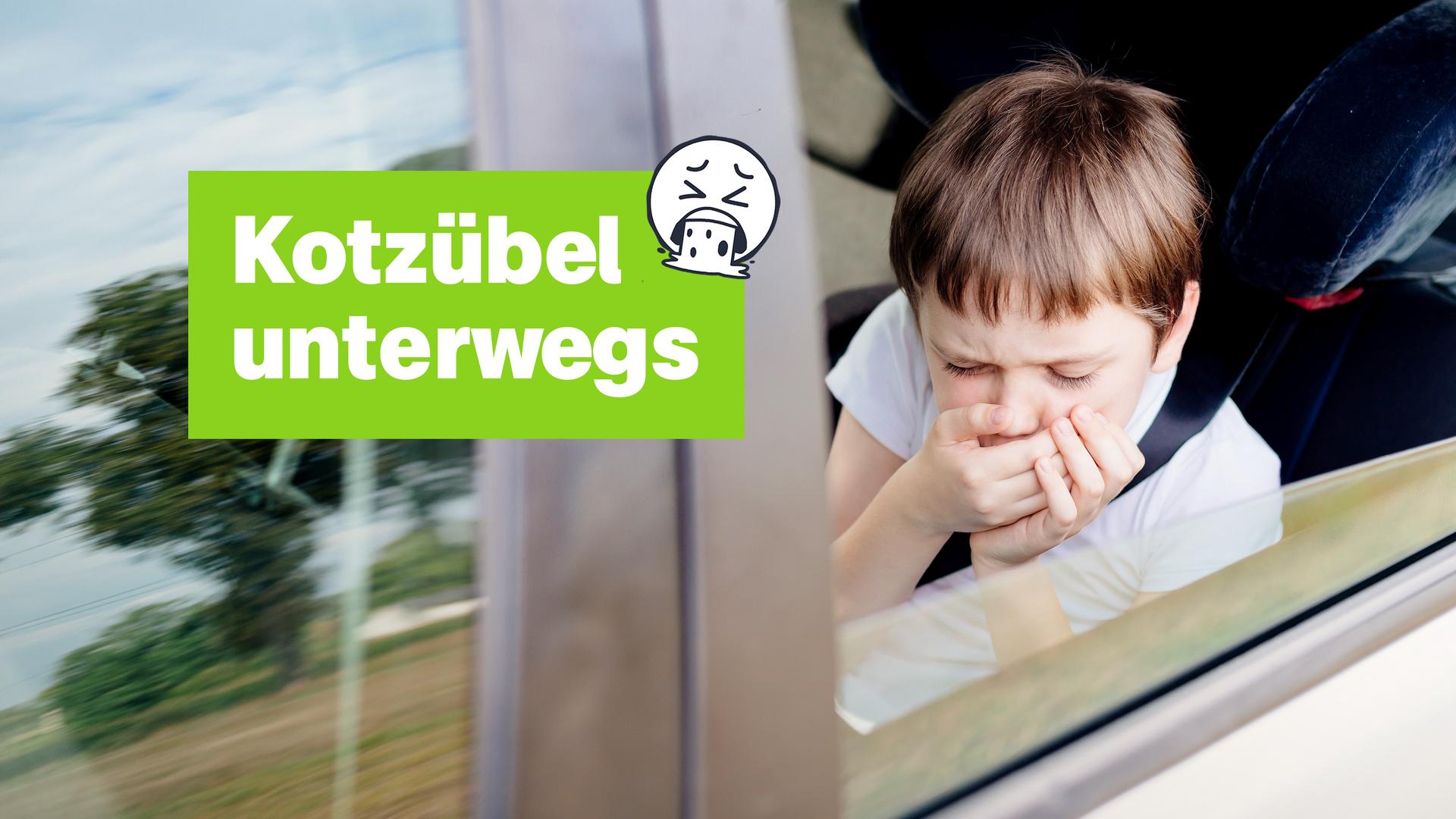 Kotzübel unterwegs; Ein Kind hält sich während einer Autofahrt die Hand vor dem Mund, weil ihm schlecht ist.