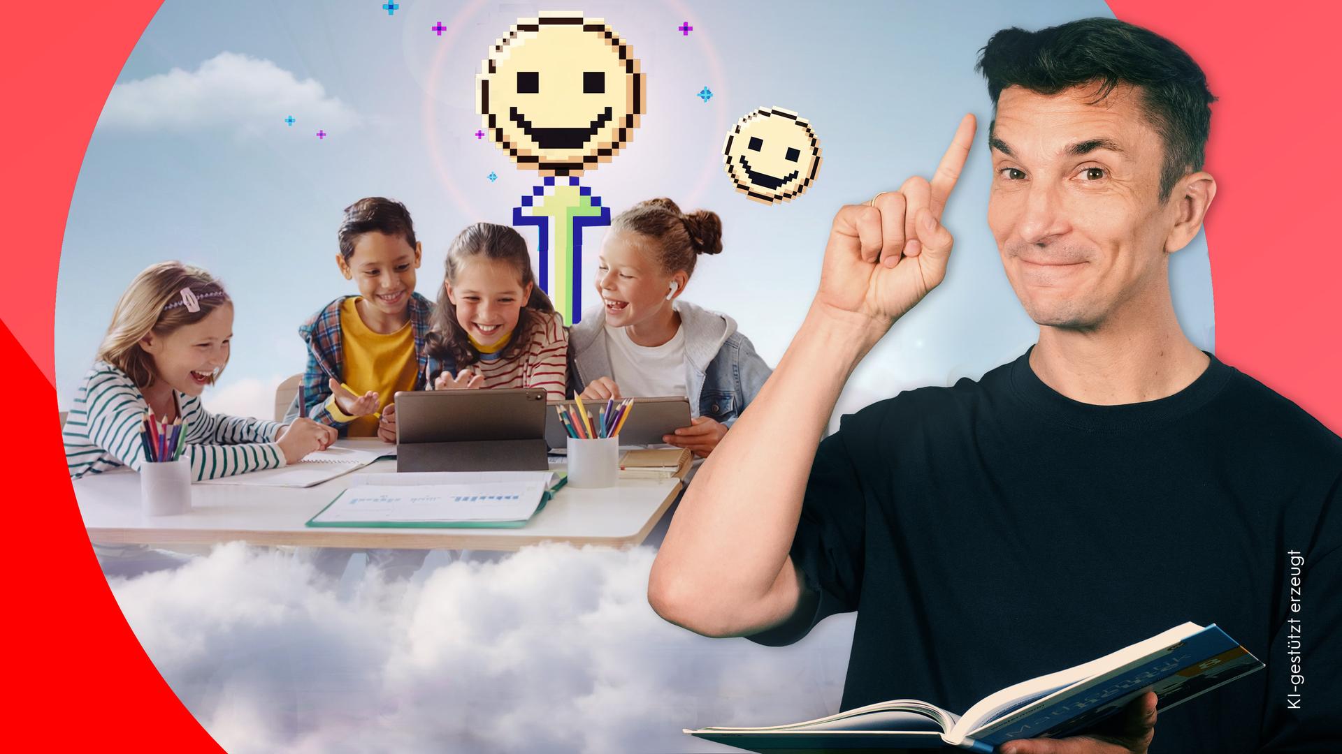 Eric Meyer mit geöffneten Schulbuch vor lernenden Schulkindern