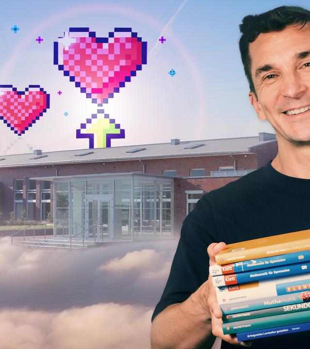 Eric Meyer vor einer Schule mit Schulbüchern in der Hand