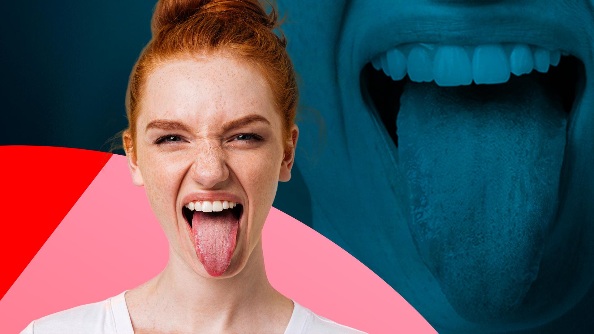 "Zunge: Das Super-Organ": Ein Mädchen streckt die Zunge frontal ins Bild. Rechts von ihr ist ein Schattenbild mit einer Zunge drauf zu erkennen.