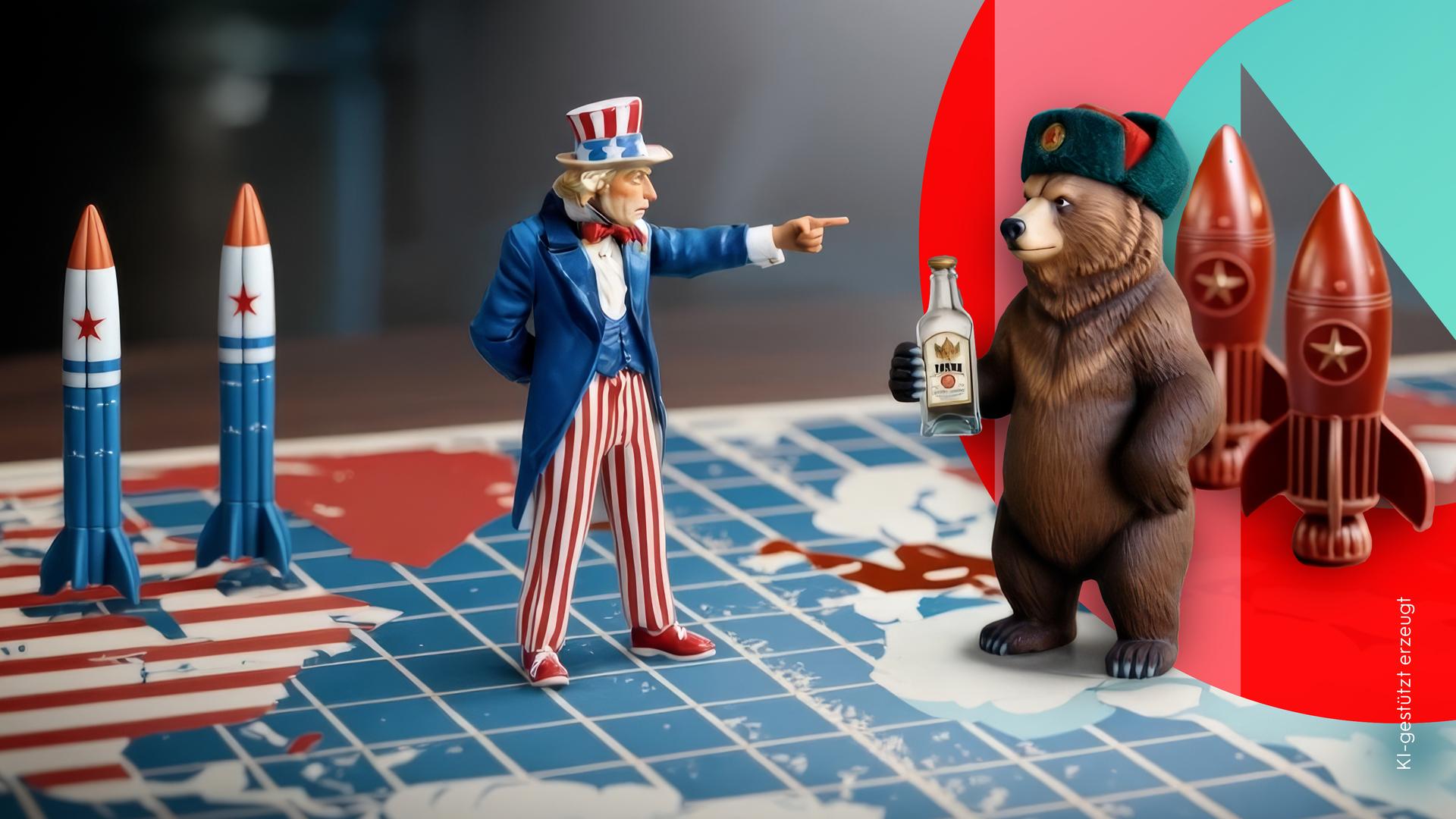 "Kann Spieltheorie die Welt retten?": Auf einem Spielbrett stehen Uncle Sam und ein Bär im Scheinwerferlicht.
