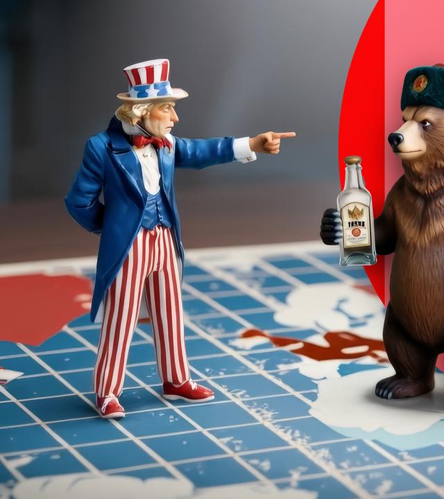 "Kann Spieltheorie die Welt retten?": Auf einem Spielbrett stehen Uncle Sam und ein Bär im Scheinwerferlicht.