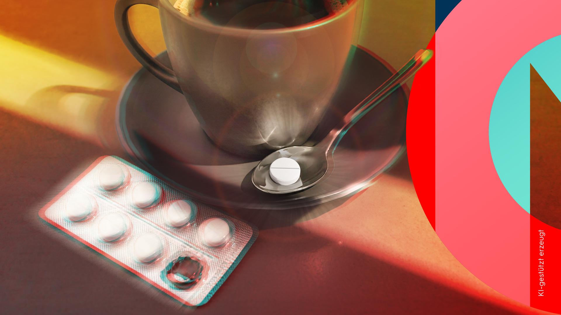 Eine Kaffeetasse steht auf einem Tisch. Daneben liegt auf der Untertasse ein Löffel, auf dem wiederum eine Tablette liegt. Neben der Untertasse ein Tablettenblister.