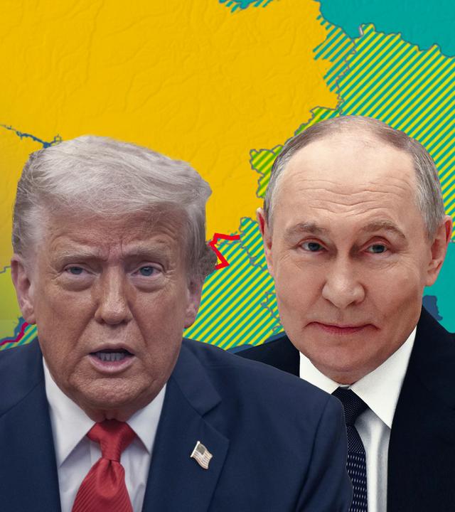 Fotos von Trump und Putin vor einer Grafik der Ukraine-Russland Landkarte mit eingetragener Kriegsfrontgrenze.