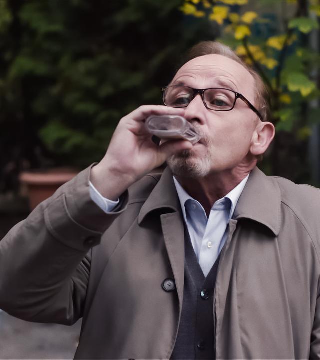 Ludwig Schaller (Alexander Held) sitzt im Grünen in einem Café und trinkt Hochprozentigen aus einem Fläschchen. 