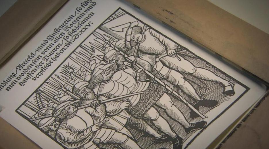 Abbild eines historischen Dokumentes, auf dem eine Zeichnung von Bauern zu sehen ist