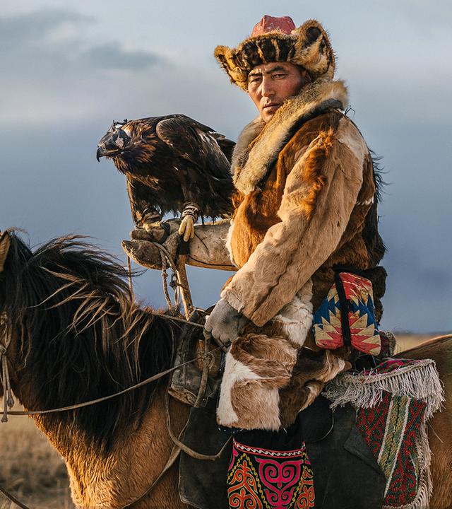 Adler-Jäger auf einem Pferd in der mongolischen Steppe