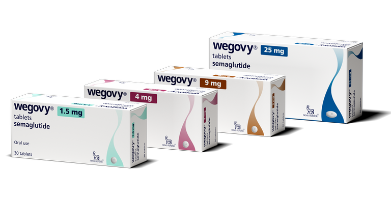 Mehrere Tablettenverpackungen von Wegovy in verschiedener Dosierung.