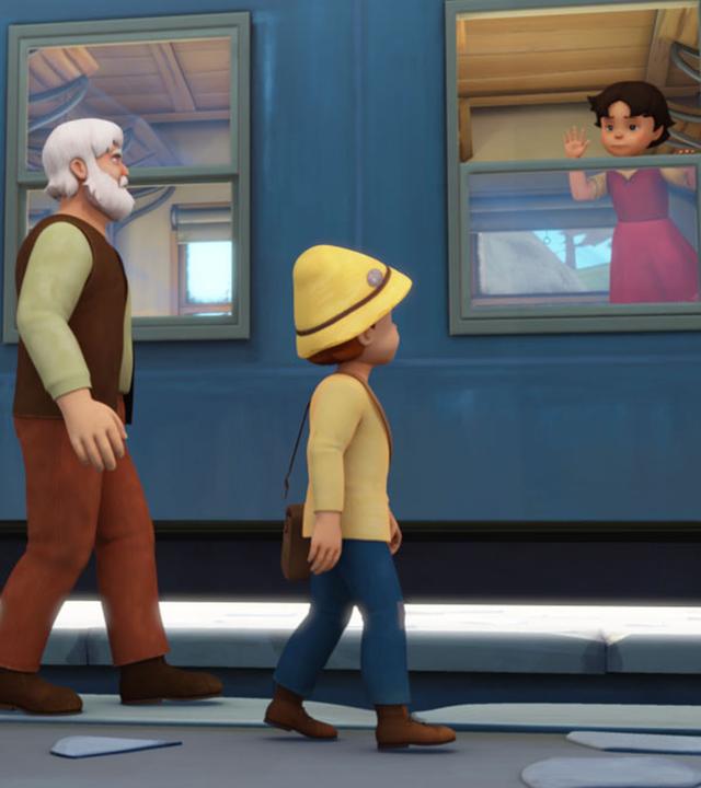Heidi schaut aus dem Zugfenster: Großvater, Peter und Hund Josef verabschieden sie auf dem Bahnsteig.