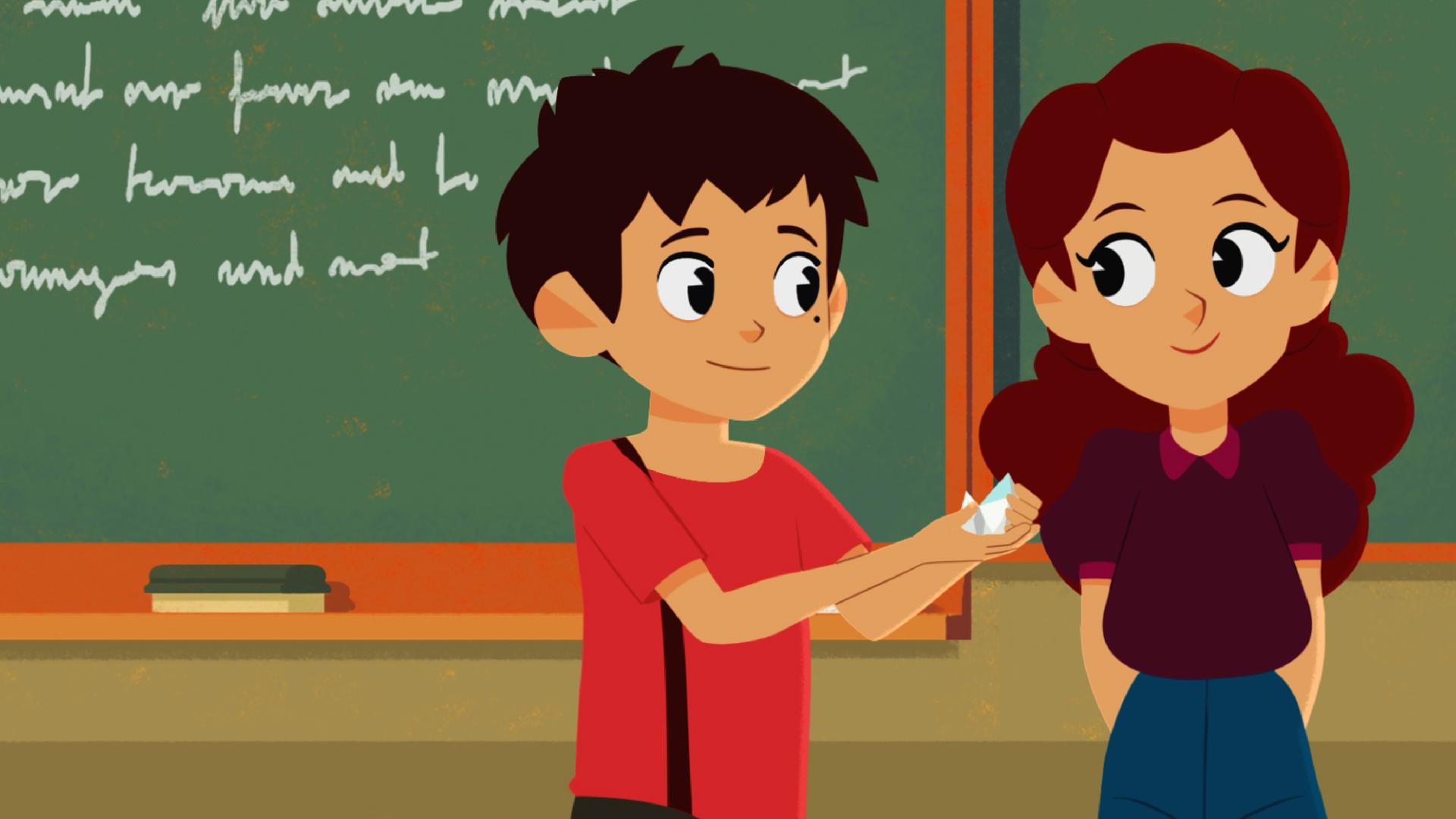 Sebastian (links) überreicht Adele (rechts) eine Kleinigkeit. Beide lächeln sich gegenseitig an.