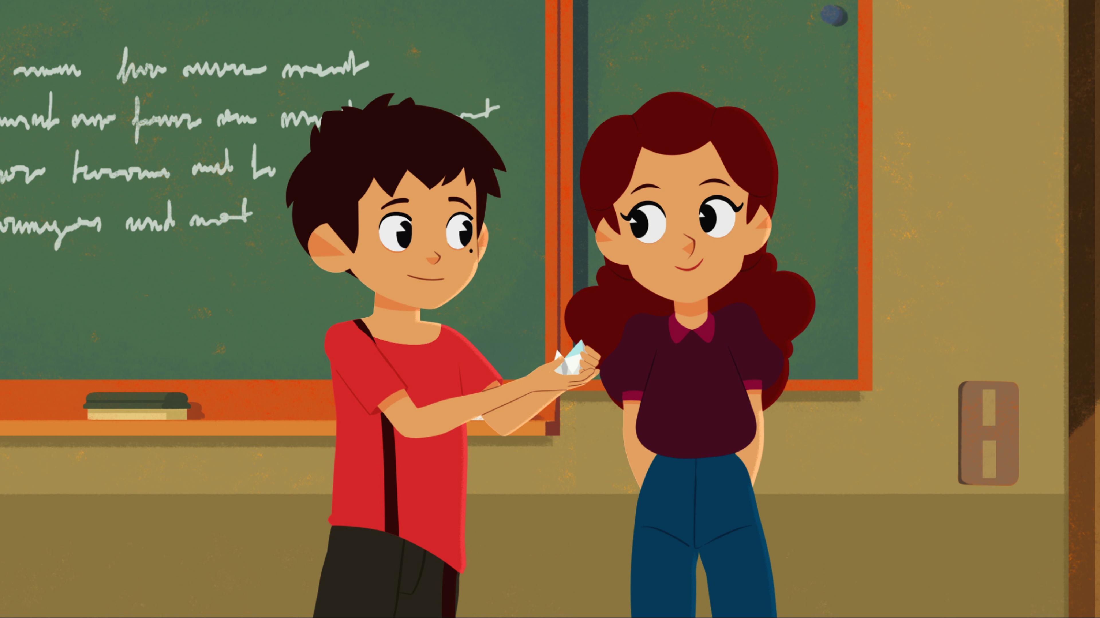 Sebastian überreicht Adele eine Kleinigkeit. Beide lächeln sich gegenseitig an.