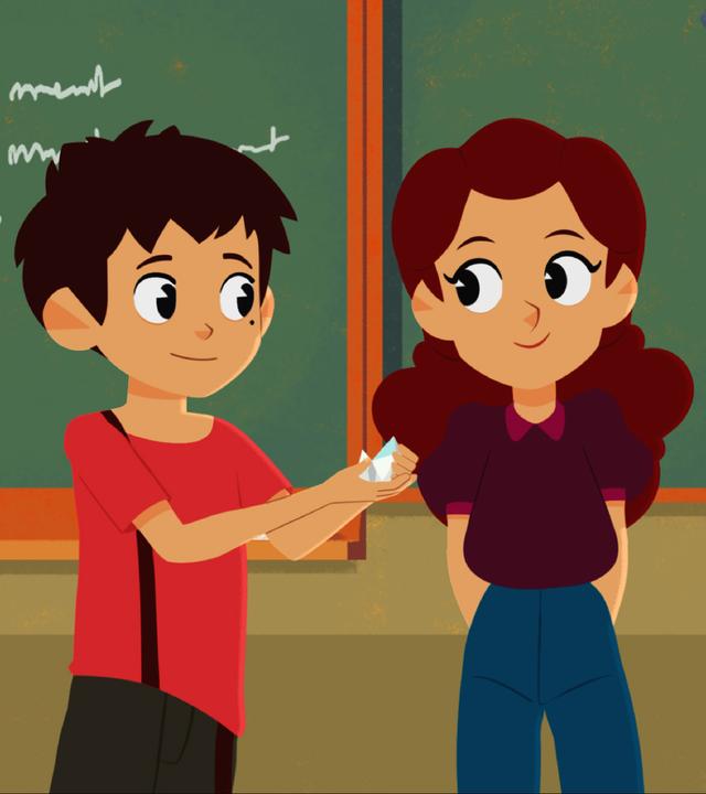 Sebastian (links) überreicht Adele (rechts) eine Kleinigkeit. Beide lächeln sich gegenseitig an.