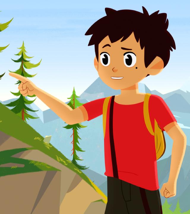 Sebastian (links) zeigt in eine Richtung. Er trägt einen Rucksack. Belle, Adele und Lynette (links) folgen ihm.